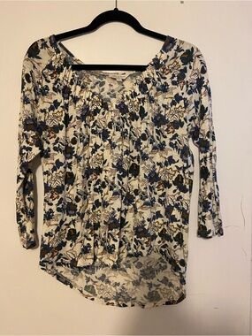 Floral V Neck Peasant Top - Cream and Blue